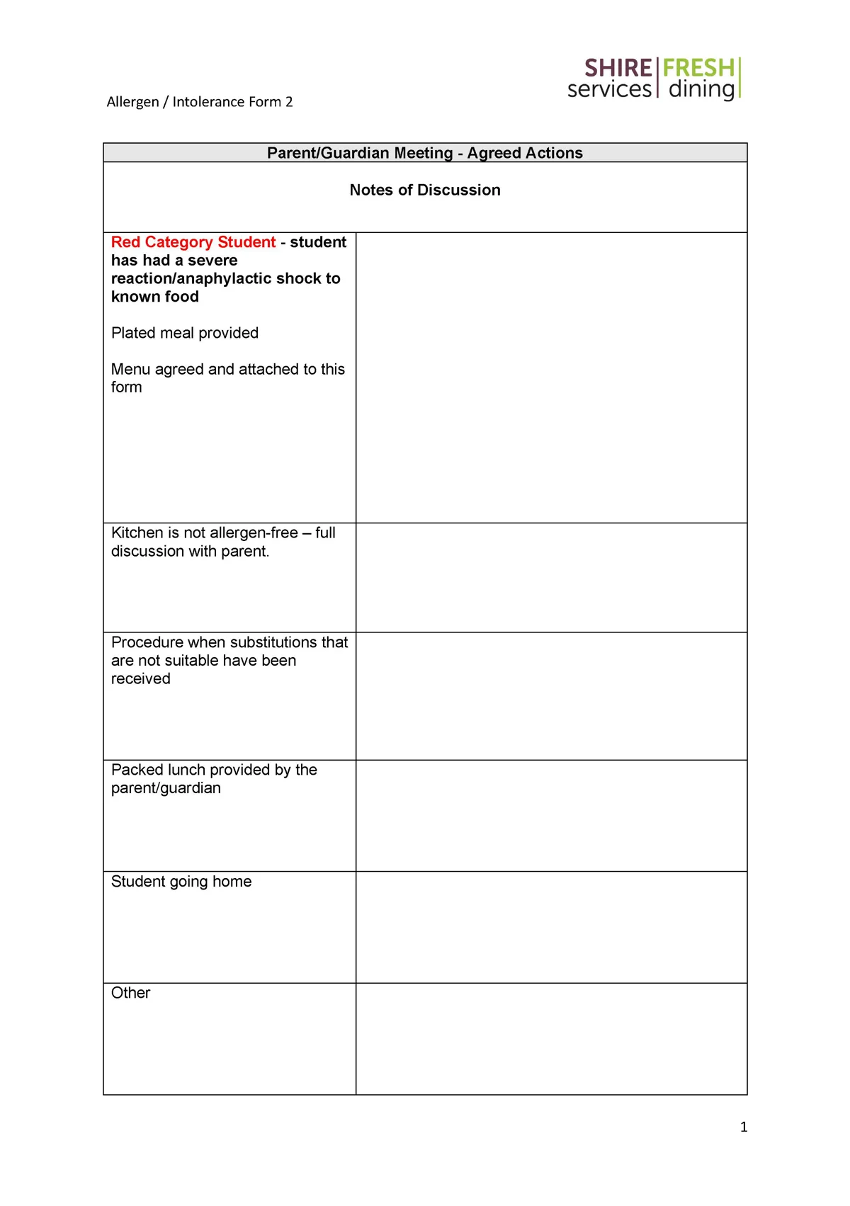 Special Diets Allergen Intolerance Form 2 Shire Services Page 1