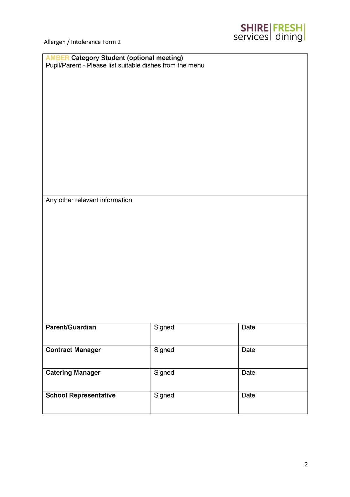 Special Diets Allergen Intolerance Form 2 Shire Services Page 2