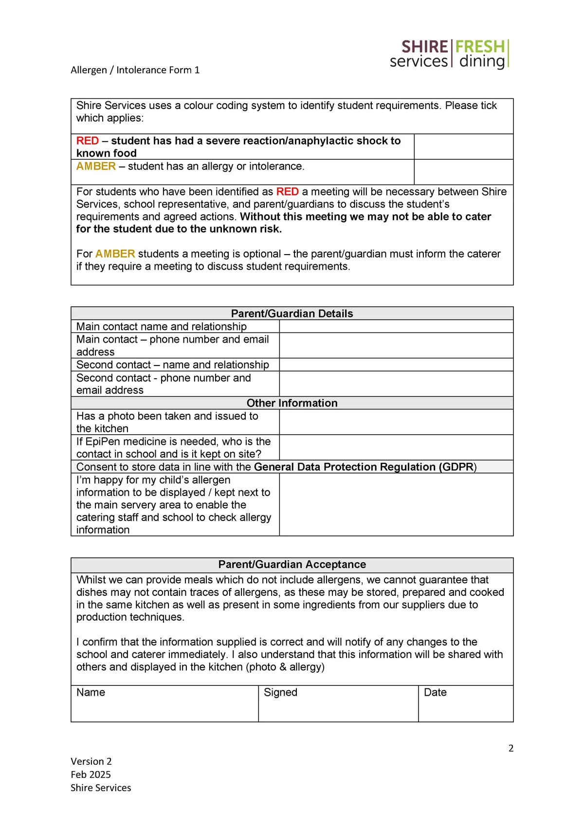 Special Diets Allergen Intolerance Form 1 Shire Services Page 2