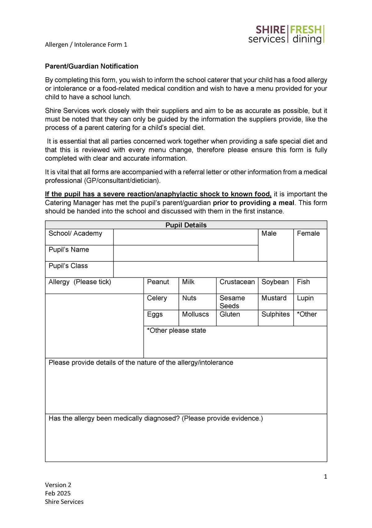 Special Diets Allergen Intolerance Form 1 Shire Services Page 1